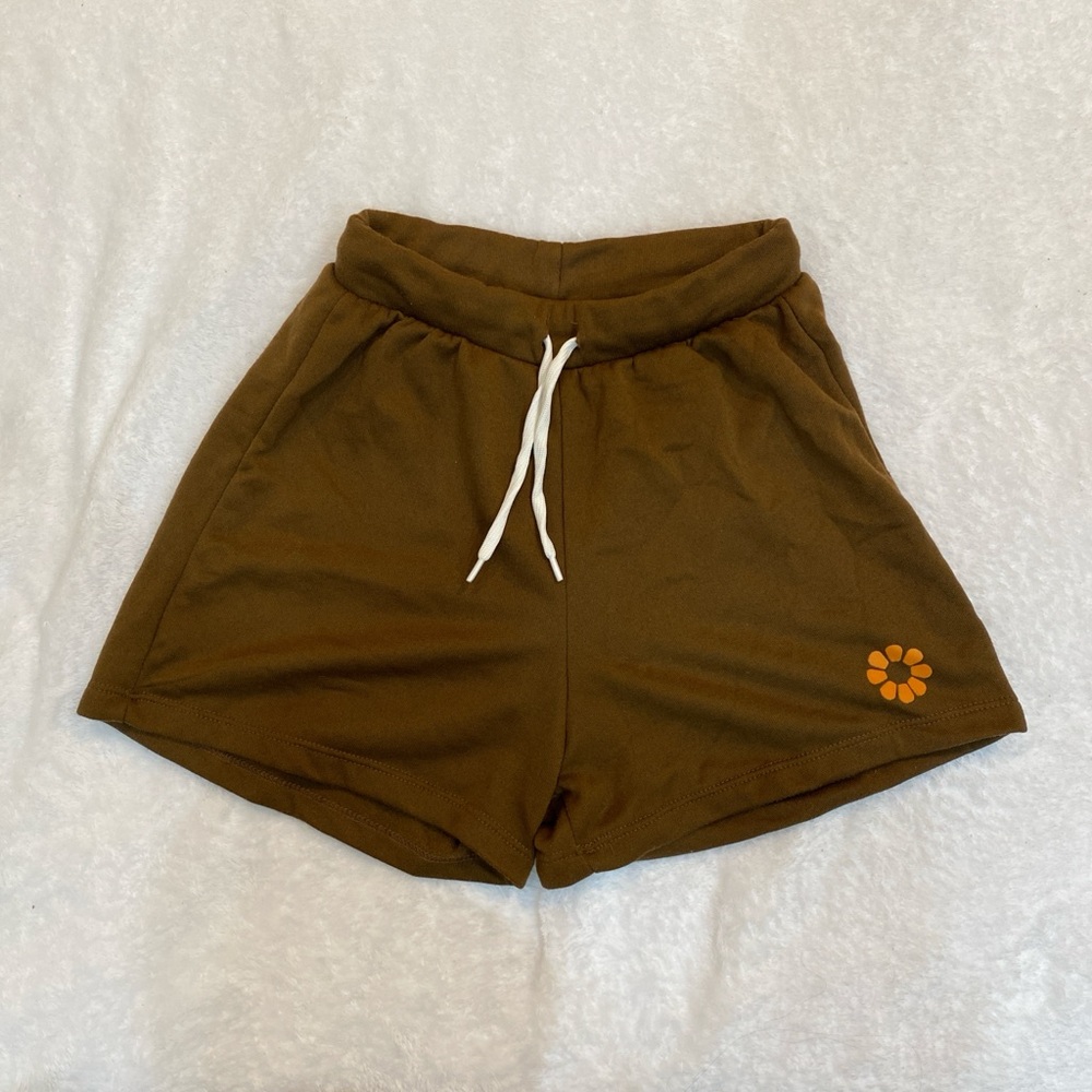 Women's Brown Drawstring Lounge Shorts with Orange Flower Accent